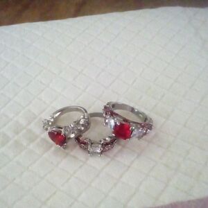 Chic Silver and Red Gemstone Ring Trio